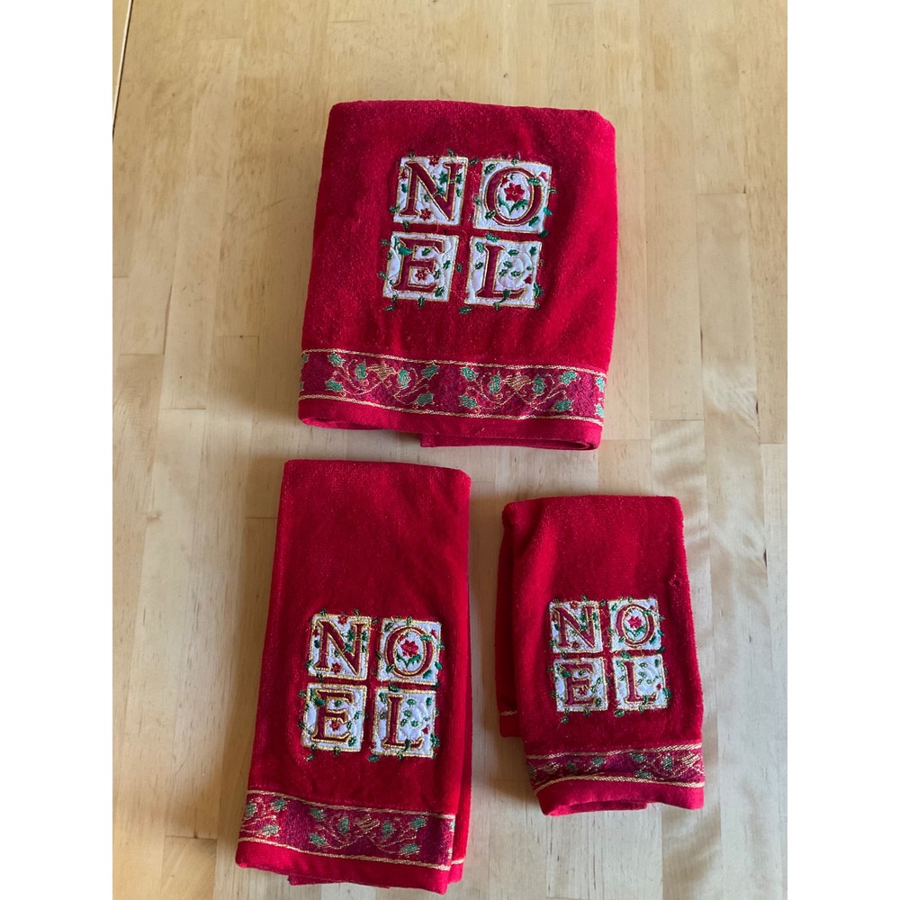 Vintage Christmas Noel Embroidered Red Towel Set 3 Piece Holiday Decor